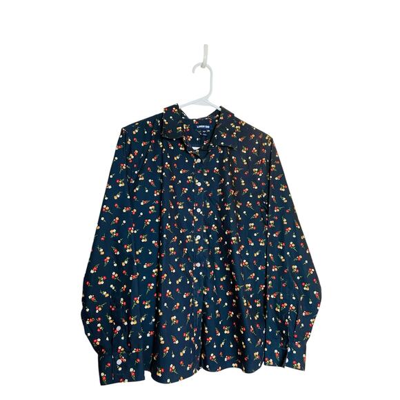 Lands' End Womens Floral Button Up Shirt Long Sleeve Navy Blue 100% Cotton 14P - Picture 2 of 7